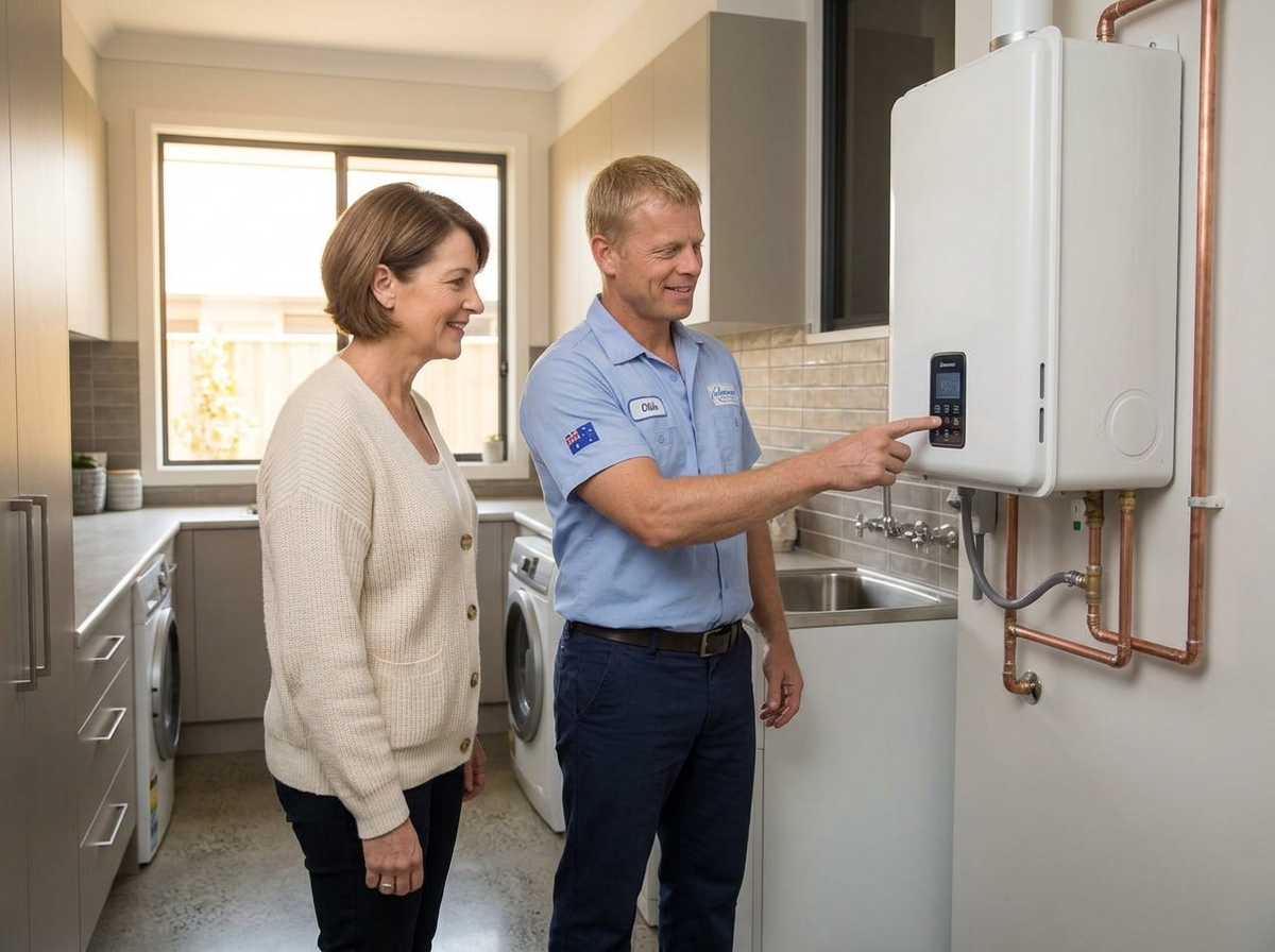 Hot water plumber explaining replacement options to a Sydney homeowner